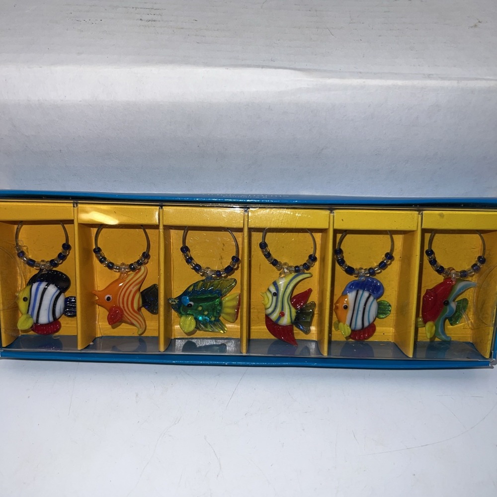 Pier 1 One Imports Tropical Fish Drink Wine Charms - Set Of 6 - Beaded Glass
